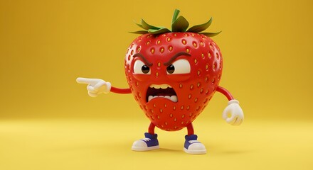 Fototapeta premium Angry Strawberry Cartoon Character 3D Render of a Furious Fruit