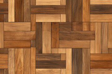 A wooden floor with a pattern of squares and rectangles. The floor is made of wood and has a natural, rustic look