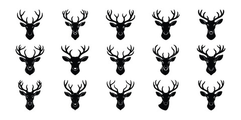 Black Deer Silhouettes – Elegant Antlered Wildlife Vector Heads for Logo and Design