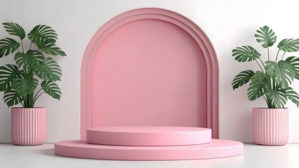 Pink minimalist product display with monstera plants