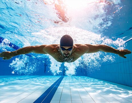 Person Swimming Underwater in Clear Blue Pool with Sunlight Beams
