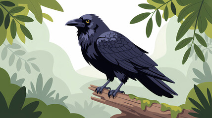 Flat Design Illustration of a Majestic Raven Perched on Moss-Covered Stone Branch with Misty Forest Background
