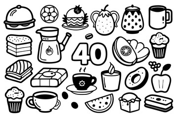 Cheerful morning breakfast doodle collection isolated on transparent background