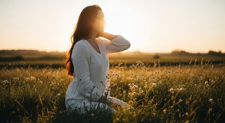 Woman in White Dress Contemplates Sunset in Field