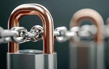 Close up of metallic padlock and chain symbolizes security and protection
