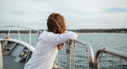Woman in White Shirt Contemplates Ocean View from Boat Rail