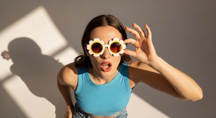 Woman with Daisy Sunglasses in Sunlight Shadow