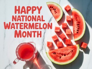 Celebrating National Watermelon Month with Slices Cubes and Refreshing Watermelon Juice