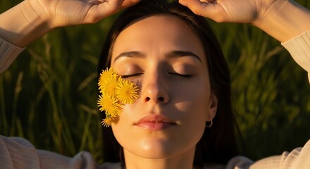 Woman's Face with Dandelions, Sunlit, Peaceful, and Natural Beauty.