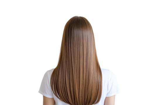 Woman with long, straight brown hair, rear view, transparent background, studio shot, healthy hair, hair care, beauty, hairstyle, model, fashion, style, elegance,