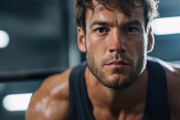 Intense focused young caucasian male working out in gym.