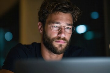 Young caucasian male wearing glasses focused on computer screen at night.
