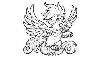 vector illustration of cartoon Phoenix waving wing greeting black and white drawing For children to learn to color according to the picture.