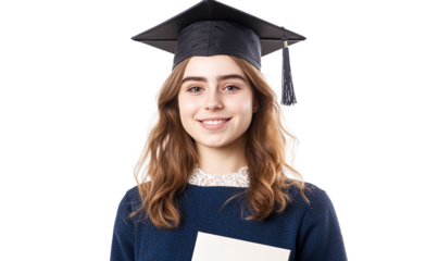 Happy female graduate student wearing cap and gown, holding diploma; transparent background