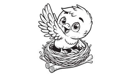 vector illustration of cartoon cute bird waving wing greeting black and white drawing For children to learn to color according to the picture.