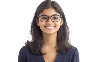 Obraz premium Portrait of a smiling young woman wearing glasses, shoulder-length dark hair, and a navy blue sweater against a transparent background.