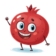 Fototapeta premium Joyful Cartoon Pomegranate Character Smiling on White Background, Cute Fruit Design