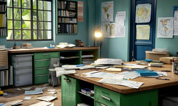 Messy desk with scattered papers and maps