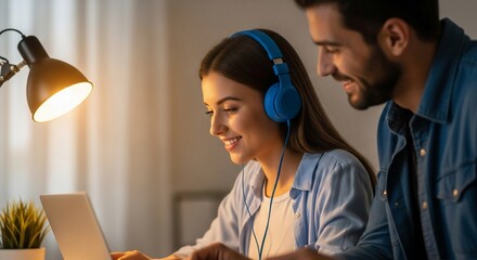 Young Couple Collaborating on Laptop Under Warm Lamplight