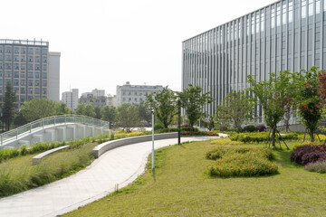 footpath through garden on rooftop of modern office building