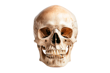 Human skull, front view, isolated on transparent background, detailed bone structure, anatomical study, pale beige color, medical illustration, death, mortality, memento mori,
