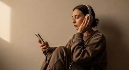 Young Woman in Brown Sweatshirt Listens to Music with Headphones and Smartphone