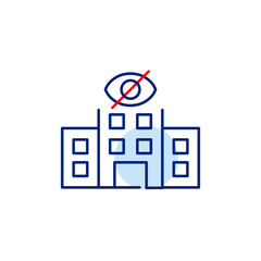 Vector icon of hospital with crossed-out eye, symbolizing confidential care, hidden medical facility, or restricted access. Ideal for healthcare apps, privacy settings, and security