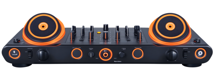 Professional DJ Mixer with Integrated Speakers, Orange Accents, Transparent Background