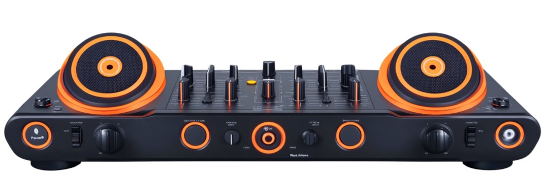 Professional DJ Mixer with Integrated Speakers, Orange Accents, Transparent Background