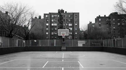 Monochrome Basketball Court with Buildings and Barren Trees in Urban Setting