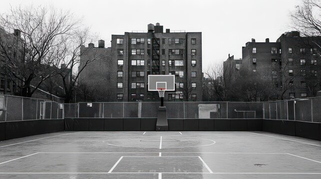 Fototapeta Monochrome Basketball Court with Buildings and Barren Trees in Urban Setting
