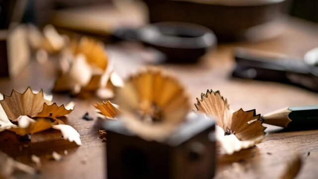 Closeup of pencil sharpener, pencil shavings, and pencil on a wooden desktop, art supplies in studio environment, sharpener and pencil debris on craft desk