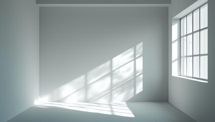 Fototapeta premium Sunlight casting tree shadows through window in empty room, minimalist architectural light and shadow composition