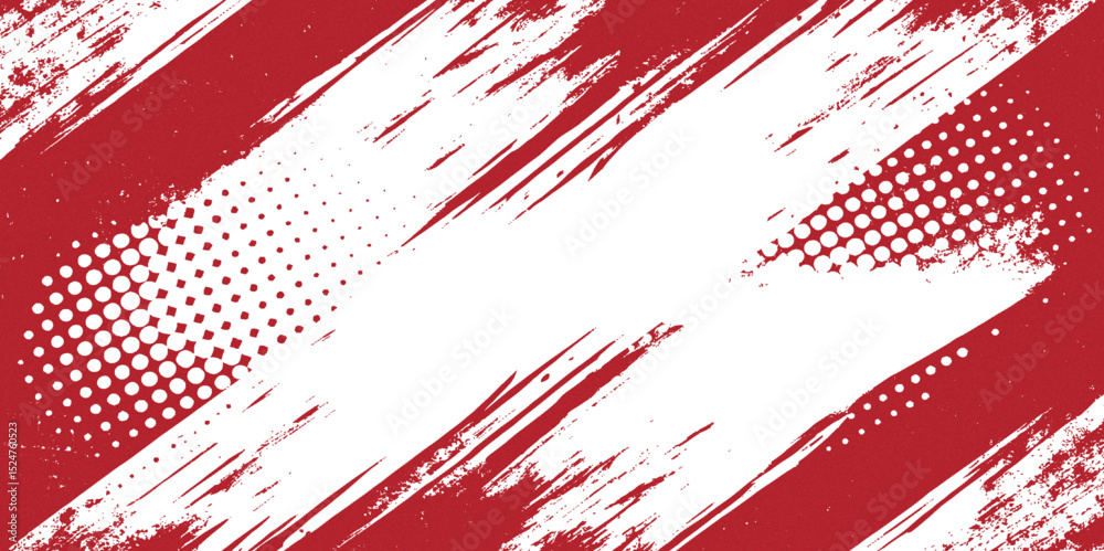 Aufkleber red and white grunge background with diagonal stripe and halftone pattern and brush stroke border te