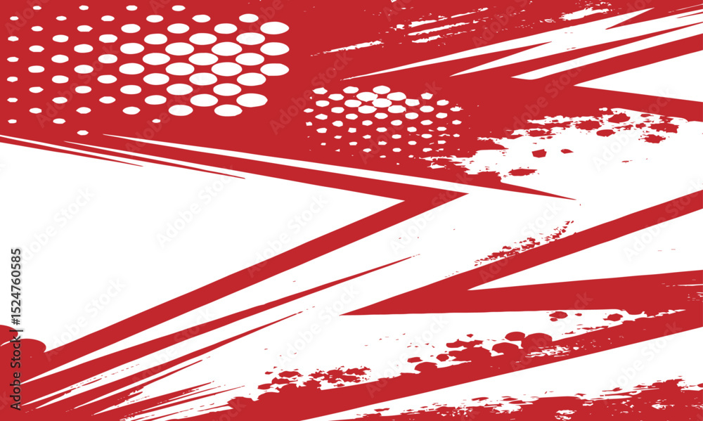 Poster red and white grunge background with diagonal stripe and halftone pattern and brush stroke border te