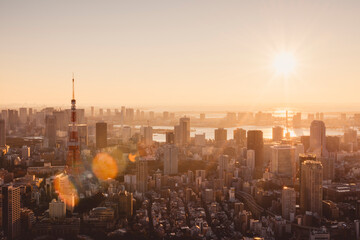 朝日を浴びる東京都心のビル群