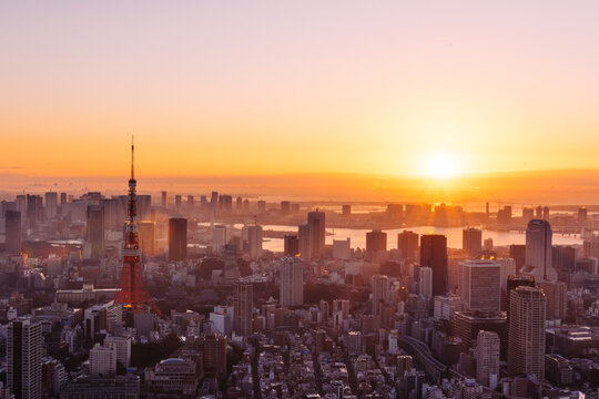朝日を浴びる東京都心のビル群