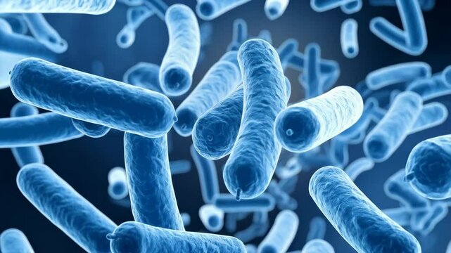 Numerous blue rod-shaped bacterium cells floating in liquid environment, illustration of microscopic bacteria or microbiology organisms multiplying