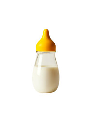 Glass baby bottle with milk and yellow nipple, transparent background, studio shot, parenting, childcare, newborn, infant, feeding, nutrition, healthy, white, yellow, clean,