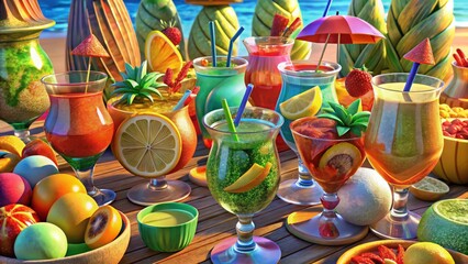 Fototapeta premium Vibrant fruit cocktails on a sunny beach table decorated with colorful umbrellas and garnishes
