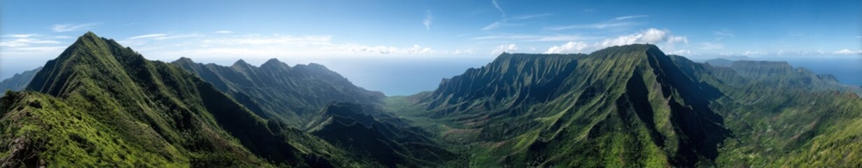 Naklejka premium Scenic panoramic view of verdant kauai mountains against blue sky.
