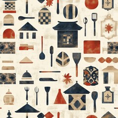 A vibrant pattern featuring traditional Asian symbols and utensils on a textured background