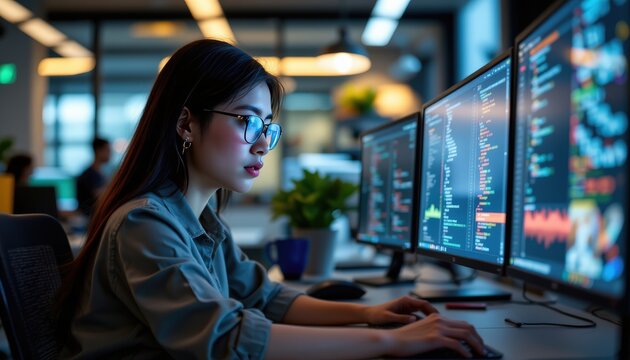 focused asian woman wearing blue light glasses analyzing code on dual screens, immersed in task