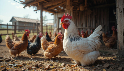 Hens ingieren en el tradicional rancho rural durante un d&iacute;a soleado. Portrait of the hen head. Sitting chickens in the henhouse. Portrait of chicken sitting in the barnyard junto a la coop. Farming de