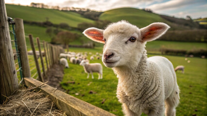 Fototapeta premium Close-up of a lamb on a farm. Shepherd. Pasture grass. Sheep wool. The Chinese zodiac. Countryside.