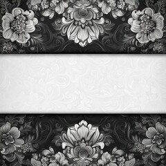 Elegant black and white floral pattern with intricate designs and a blank center for text