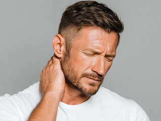 Obraz premium man in his thirties with short hair and beard is experiencing discomfort while holding his neck. His expression reflects pain and concern