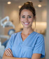 Professional dental hygienist smiling confidently in dental clinic, wearing blue uniform. bright environment reflects welcoming atmosphere for patients