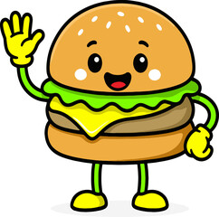 Adorable cartoon burger character with a happy face waving its hand. Perfect for children’s designs, food-themed content, and playful illustrations. Colorful, fun, and friendly vector artwork.