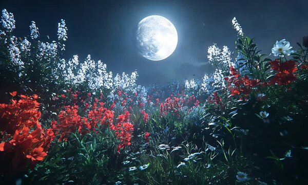 Nocturnal flower meadow under full moon.